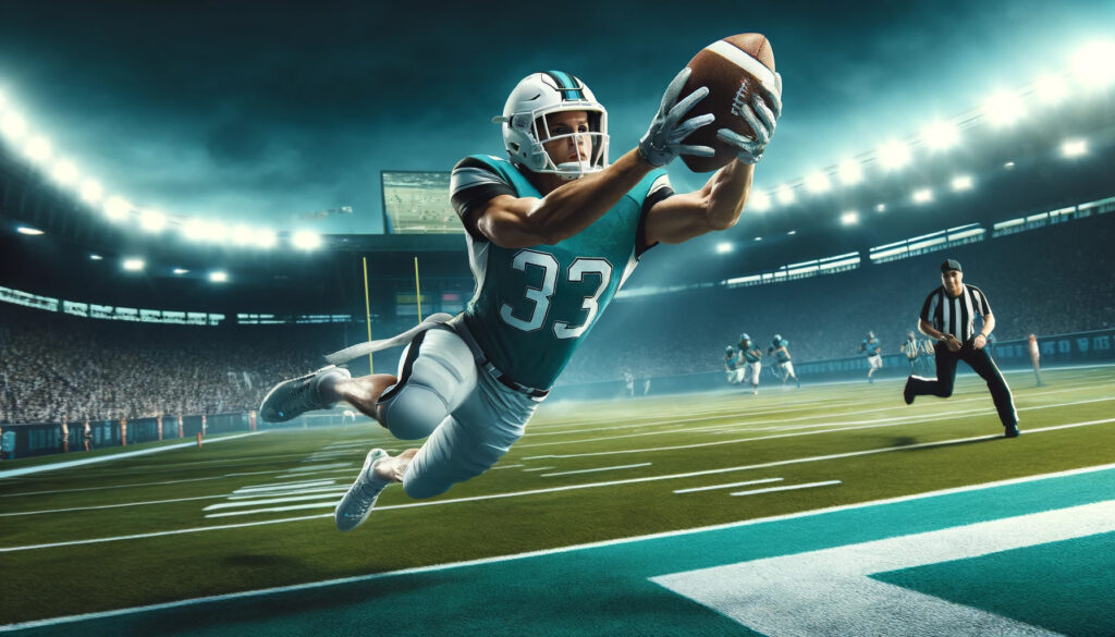 Ein Running Back der mit einem Sprung einen tiefen Ball fängt.