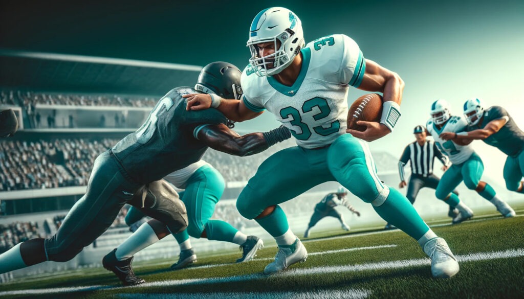 Ein Running Back der gerade einen Verteidiger stehen lässt.